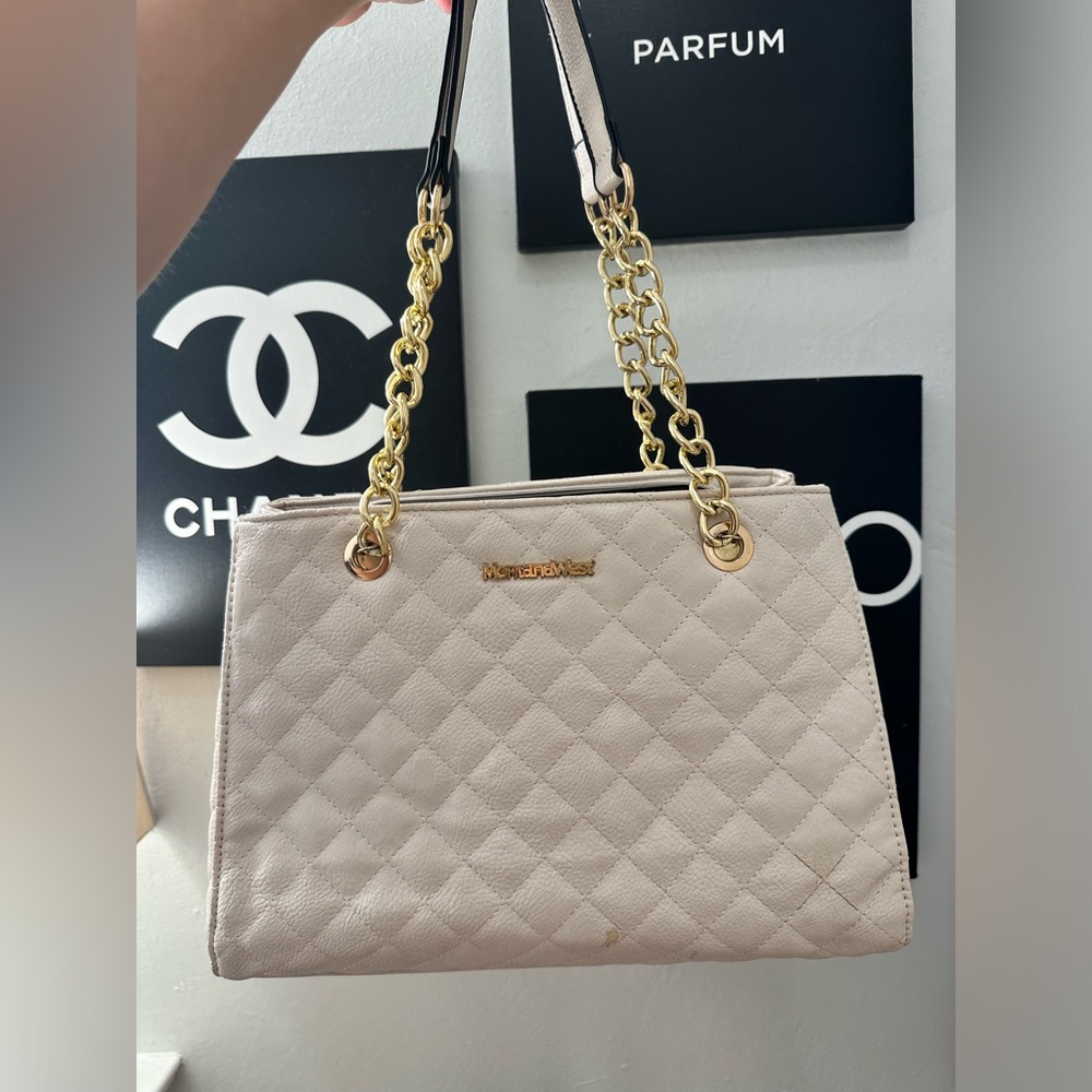 Montana West Quilted Shoulder Bag in Cream with Gold Chain